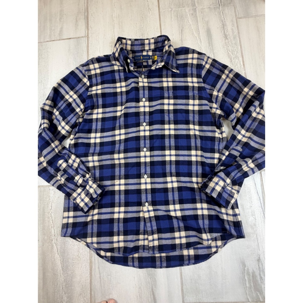 Ralph Lauren Performance Flannel Shirt Mens XL Blue Plaid Custom Fit Long Sleeve